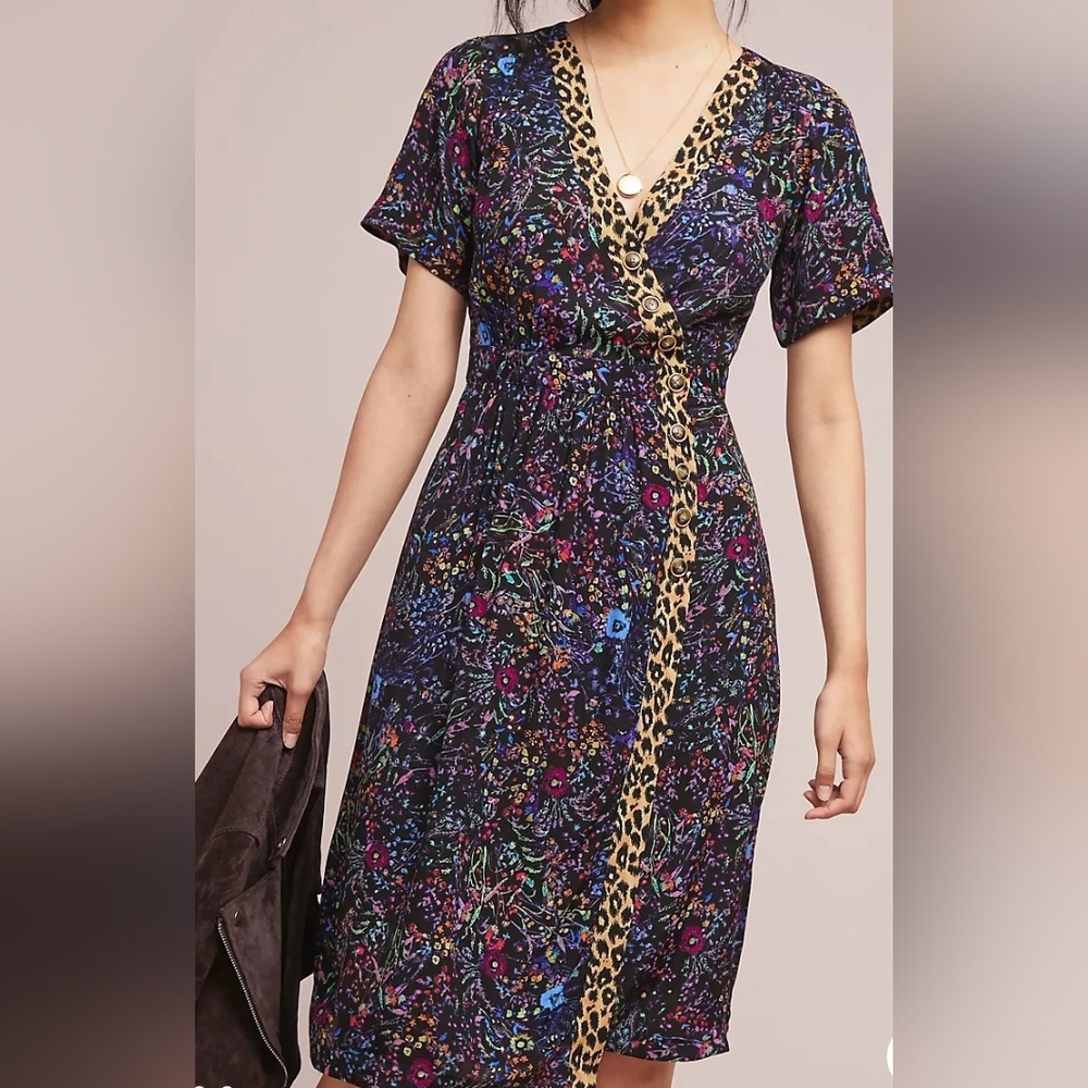 Anthropologie Maeve Morgan Floral Black Dress with Leopard Trim